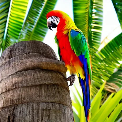 Prompt: parrot sitting in palm tree with sun and sandy beach behind it