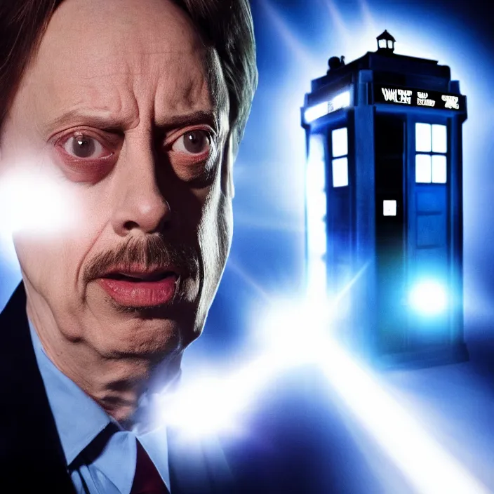 Prompt: steve buscemi as dr. who, lens flares, jj abrams, red camera, 8 k, mid closeup, dramatic lighting