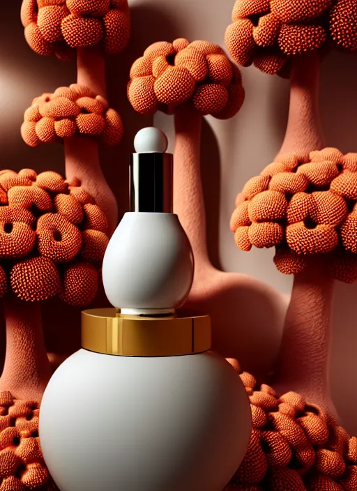 Prompt: perfume bottle surrounded by ivory room well contoured smooth fair walls, up close shot, sharp focus, global illumination, radiant light, biomechanical black corals decor made of corals, mushrooms, puffballs, rhizomorphs, alexandre ferra white mecha, irakli nadar, octane highly render, 4 k, ultra hd,