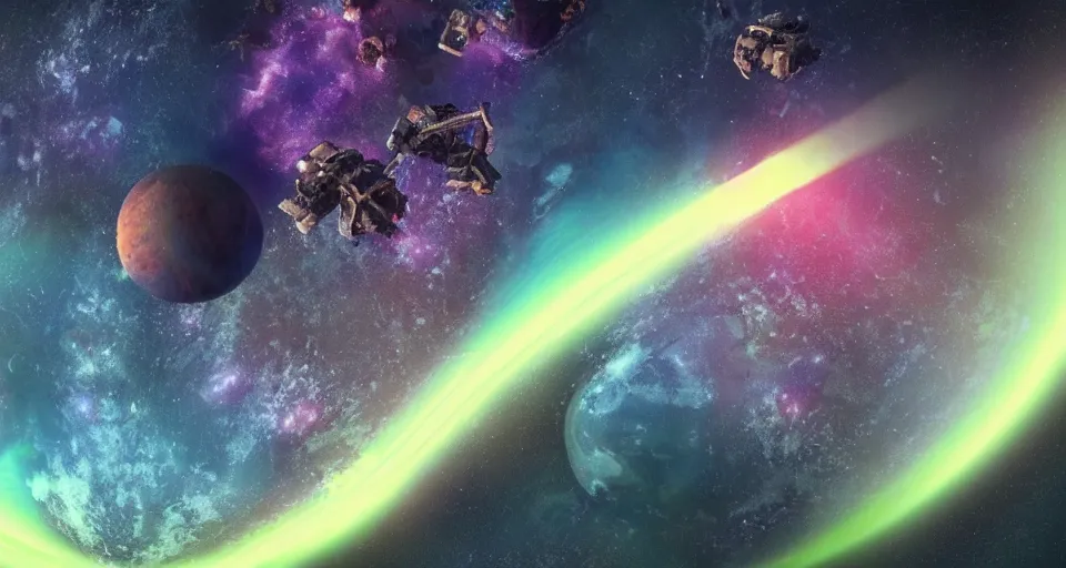 Image similar to masterpiece. octane render. view of the planet down below. space station pov. screenshot from the new sci - fi metroid film directed by denis villeneuve 4 k. cinema. close orbital of a new alien world nested within an asteroid belt nebula. purple and green lightning aurora upon it's surface.
