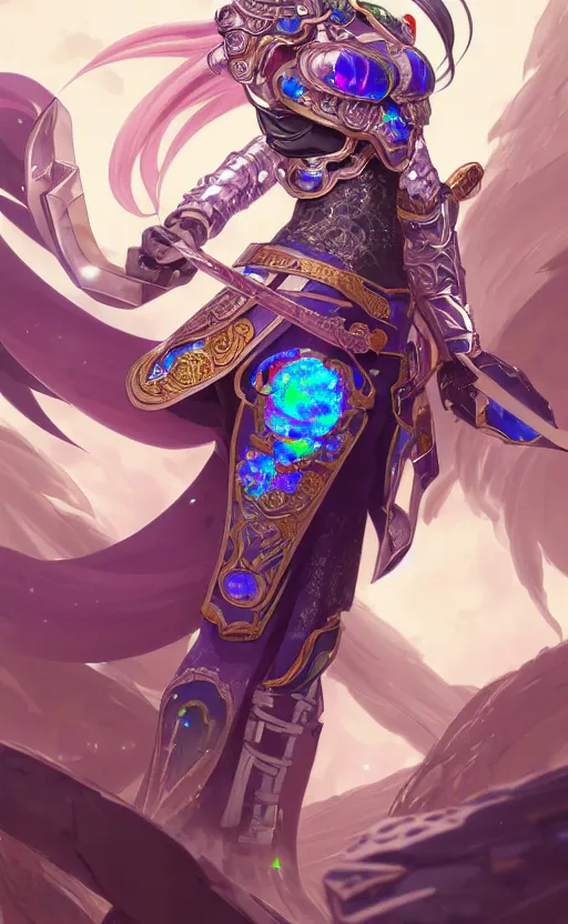 Image similar to anime iridescent opal cyborg shinobi warrior, intricate ornate details, morandi color scheme, hd, illustratio, splash art, fantasy, elegant, highly detailed, wide angle, digital painting, artstation, concept art, smooth, sharp focus, illustration, wallpaper, art by artgerm and greg rutkowski and alphonse mucha and jin xiaodi