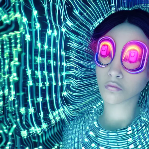 Prompt: swimming through a pile of modular synth cables, empathy machines, and vr headsets to see a kawaii puerto rican goddess staring through the mothership of your soul with skin made of transparent glass, wearing a headpiece made of circuit boards, by alastair reynolds, eastman color, trending on artstation, cinematic, 3 d render, photorealistic