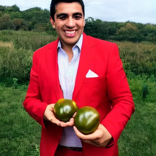 Prompt: luis piedrahita wearing a red suit while holding a tomato, photograph