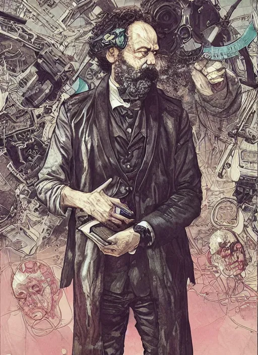 Image similar to karl marx, eun emerging from renaissance italy into a cyberpunk mutiversal realm by conrad roset, nicola samuri, dino valls, m. w. kaluta, jakub rebelka, rule of thirds, seductive look, beautiful