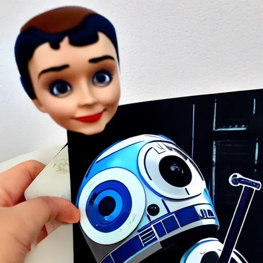 Image similar to audrey hepburn cos play r 2 d 2, stop motion vinyl action figure, plastic, toy, butcher billy style