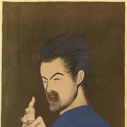 Image similar to A beautiful painting of a self-portrait of the artist. He is shown with his head turned to the left, looking at the viewer. His hair is wild and his eyes are wide open. His right hand is raised, as if he is pointing at something. caput mortuum, cyanotype, avant-garde by Fenghua Zhong, by Hajime Sorayama