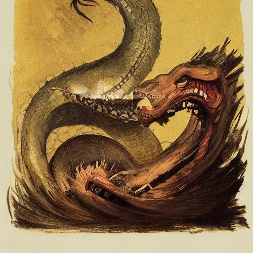 Prompt: neck neck eyes fangs serpent serpent python wearing a lion lion costume neck tall long snake viper j.m.w. turner greg rutkowski giorgio de chirico william merritt chase ralph steadman arsen savadov dan witz uta natsume aquatint