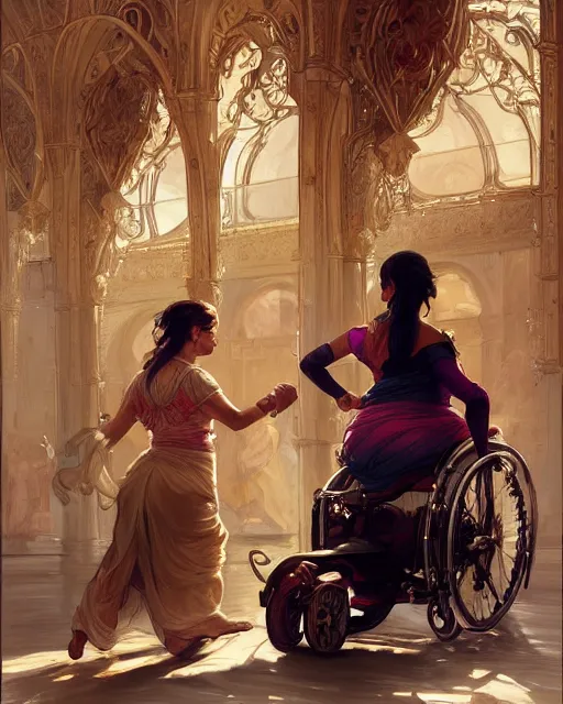 Image similar to Painting of a blonde lady pushing an obese indian lady in a wheelchair,real life skin, intricate, elegant, highly detailed, artstation, concept art, smooth, sharp focus, art by artgerm and greg rutkowski and alphonse mucha