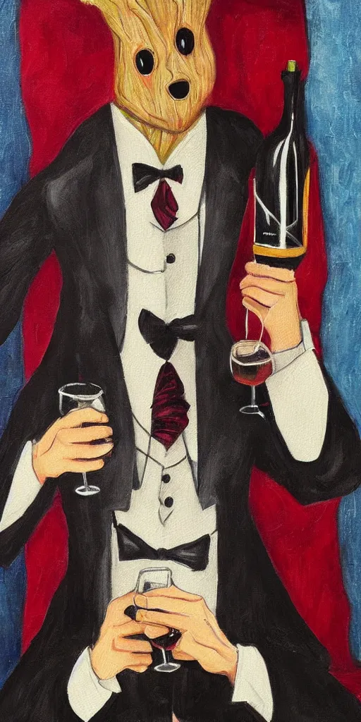 Image similar to portrait painting of the groot as a gentleman wearing tuxedo drinking wine, masterpiece, artwork