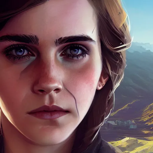 Image similar to highly detailed portrait of emma watson in gta v, stephen bliss, unreal engine, fantasy art by greg rutkowski, loish, rhads, ferdinand knab, makoto shinkai and lois van baarle, ilya kuvshinov, rossdraws, tom bagshaw, global illumination, radiant light, detailed and intricate environment