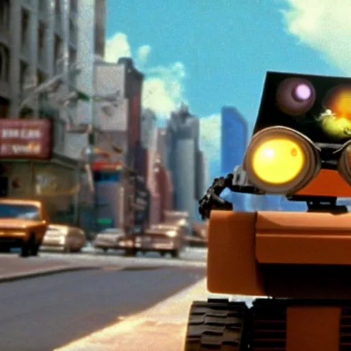 Prompt: Wall-E in New York street, epic 1986 cinematic still