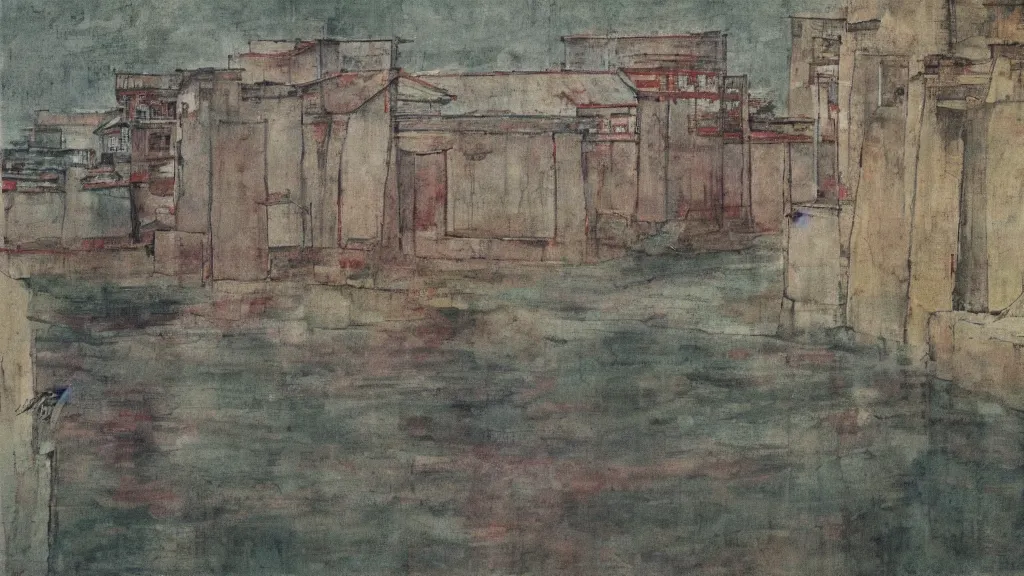 Image similar to a chinese prison near a river by peter doig, muted colors