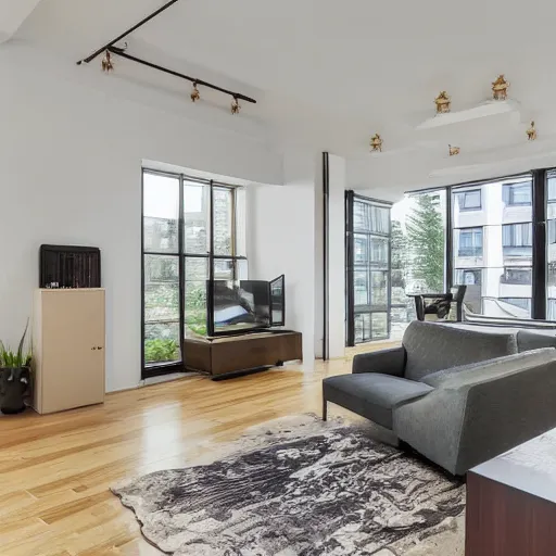 Prompt: photo of an apartment with high windows and staircase leading to second floor, modern furnishing. A tv stands in the corner in front of a couch. The other corner has a dining table.