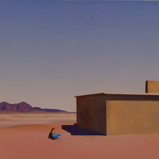 Prompt: motel in a desert rural landscape, a woman, painted by François Roca and Edward Hopper, airbrush, highly detailed