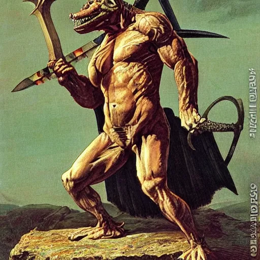 Image similar to dog - faced muscular goblin, ugly face, lizard tail, holding scimitar made of bone, scimitar, sword, jagged sword, curved sword, orkish sword, colorized, green skin, hyper - detailed, primeval fantasy, prehistoric fantasy, art by jacques - louis david