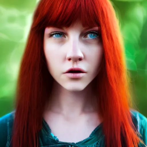 Prompt: full body detailed shot of a beautiful red haired woman with a beautiful face, green eyes high detail, looking at the camera, lush dreamy background, vaporware, 8 k