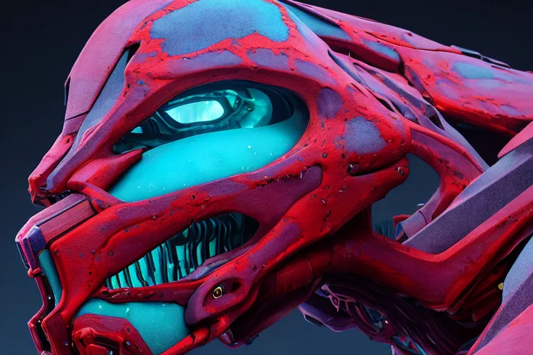 Image similar to portrait of a posed hyper detailed cyan bristleback evangelion realistic mechanical and fleshy organic creature similar look as horizon forbidden west horizon zero dawn bioluminiscence in a dark deep forest at dawn in spring, with reflection and textures, by kilian eng, substance painter reaslitic mech surface metal painted scratches
