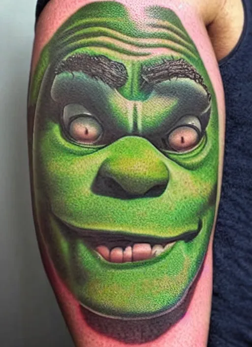 Prompt: 😆 Shrek, dope tattoo, hyperrealistic