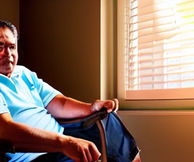 Prompt: image of a hispanic middle-aged man with wearing a polo shirt sitting on a chair in a room under an air conditioner with warm sun light coming in through the windows, 80mm