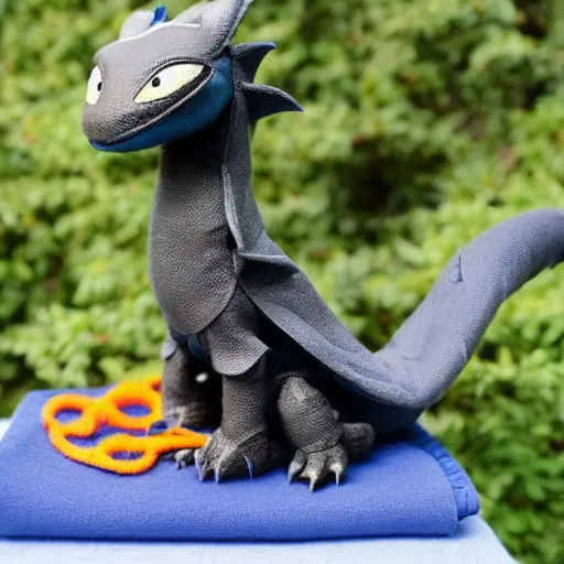 Image similar to adorable dragon in the style of how to train your dragon sitting on top of fabric bolts with a sewing machine