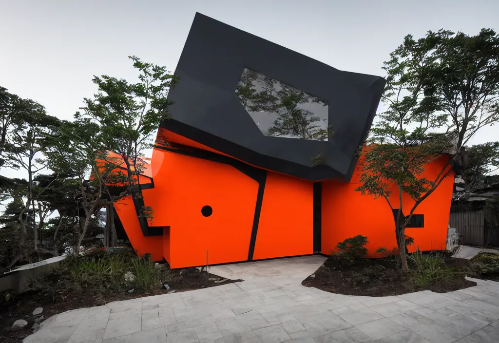 Image similar to photo of the exterior of a futuristic organic japanese house, dramatic lighting, black and orange colour palette, wide angle shot, archviz