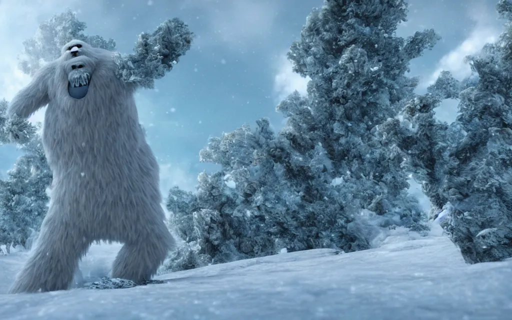 Prompt: a cg render of a single snow yeti running from a snow avalanche, looking over his shoulder, running towards the camera, there is a douglas fur tree in the right part of the frame, epic cinematic layout, hollywood pixar style film