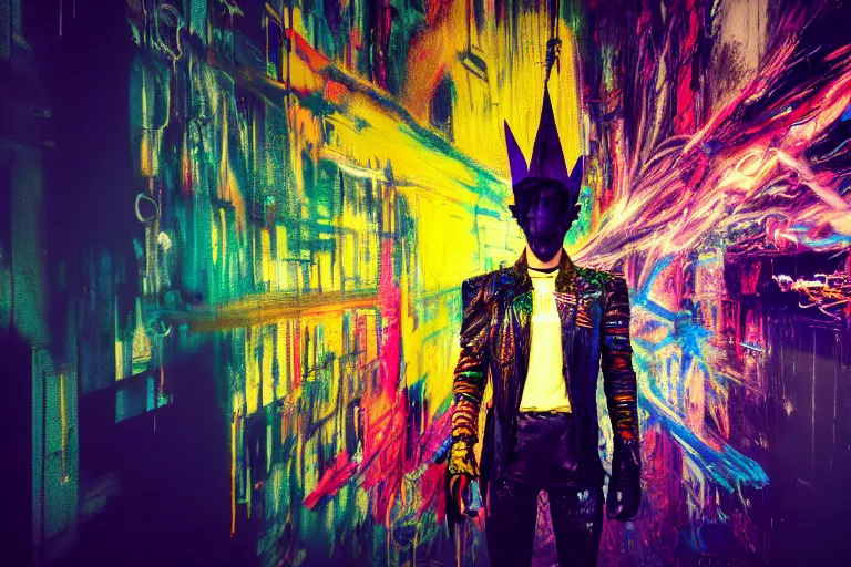 Image similar to fantasy punk elf, multilayer glitch effect in spatial perceptron synapses, matte painting, 4 k, epic composition, volumetric light, abstract illusionism, by robert rauschenberg, edvard munch, jean - michel basquiat, pour paint, modern street art, grunge wall