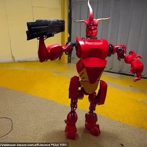 Image similar to a muscular, threatening, yellow and red humanoid robot with large horns. It has a gun in one hand and a knife in the other