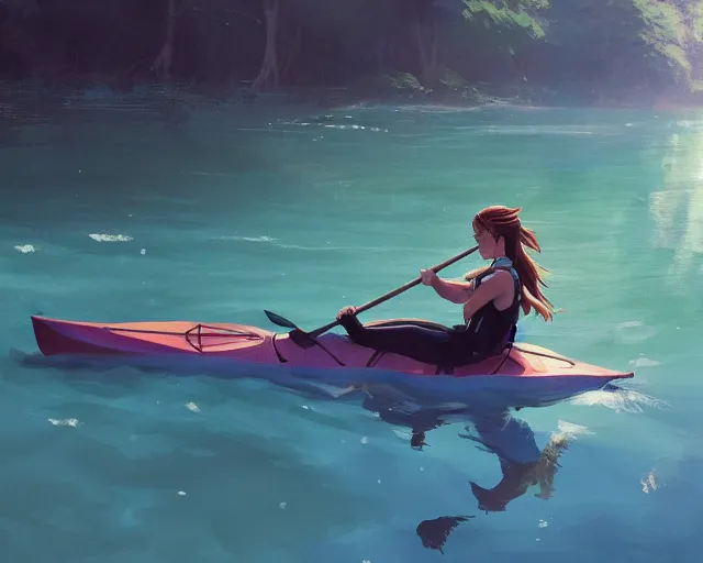 Image similar to a girl in a kayak in a river. blue water, atmospheric lighting. by makoto shinkai, stanley artgerm lau, wlop, rossdraws, james jean, andrei riabovitchev, marc simonetti, krenz cushart, sakimichan, d & d trending on artstation, digital art.