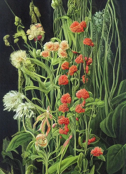 Image similar to beautiful mysterious plants and flowers ; botanical poster art by frederick edward hulme ; detailed painting