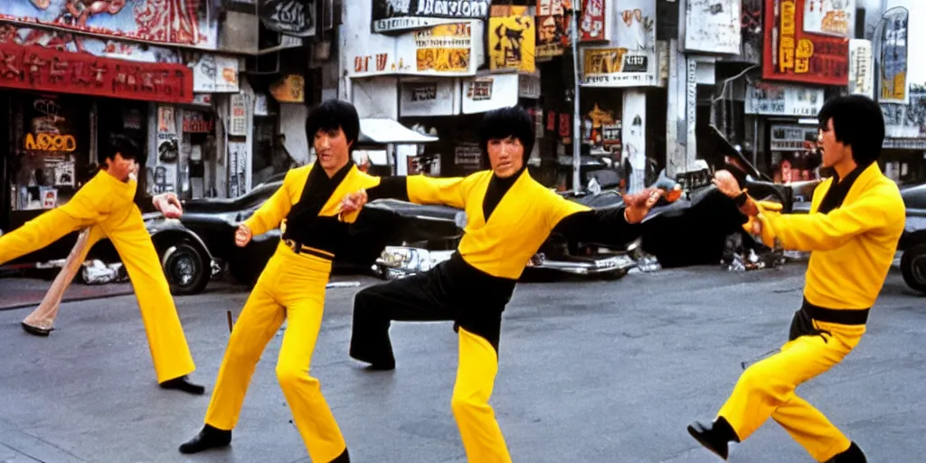 Image similar to bruce lee in a street fight with quentin tarantino on hollywood boulevard in the middle of traffic, hyperreal, onlookers, in style style of kill bill