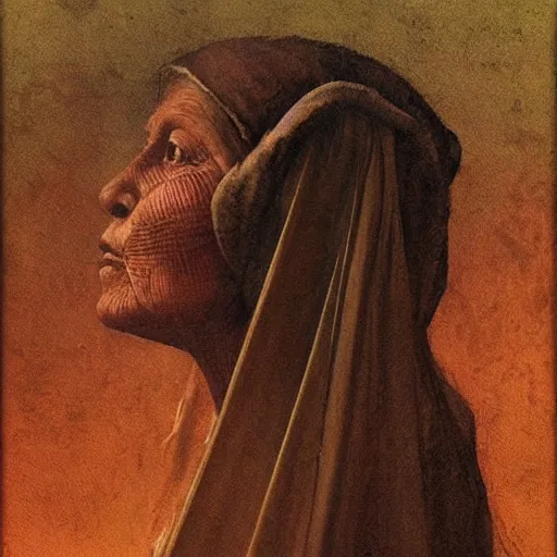 Image similar to a painting of a lantina elder woman by Leonardo da Vinci . details, smooth, sharp focus, illustration, realistic, cinematic, artstation, award winning, rgb , unreal engine, octane render, cinematic light, macro, depth of field, blur, red light and clouds from the back, highly detailed epic cinematic concept art CG render made in Maya, Blender and Photoshop, octane render, excellent composition, dynamic dramatic cinematic lighting, aesthetic, very inspirational, arthouse.