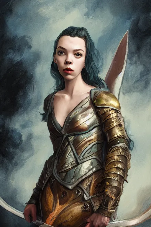 Prompt: A fantasy comic book style, portrait painting of, Anya Taylor-Joy, composite hybrid, Oona Chaplin, as a youthful, Reptilian, Atlantean Warrior, Mystical Valkyrie, Modest light Armor, Sword, Sheild, Spear, François Boucher, Oil Painting, unreal 5, DAZ, hyper-realistic, Photorealistic, octane render, Regal, Refined, Coherent, Detailed Digital Art, RPG portrait, William-Adolphe Bouguereau, Michael Cheval, Walt Disney (1937), Steampunk, Hieronymus Bosch, Golden dappled dynamic lighting, Highly Detailed, Theophanic atmosphere, Cinematic Lighting, Unreal Engine, 8k, HD