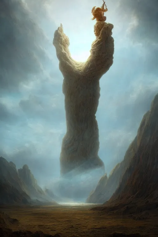 Prompt: tall humanoid mythical monster looming over a tiny human in an epic landscape, ethereal fantasy, blooodborne, artstation, agostino arrivabene, james gurney