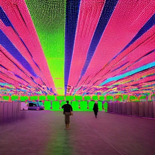 Prompt: neon meadow, art installation with infinity mirrors,