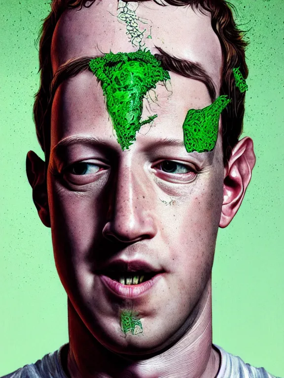 Image similar to portrait of a mark zuckerberg, skin peeling away to reveal bright green! reptile! skin!, forked tongue, art by ryo shiotani and greg rutkowski, intricate, beautiful, cinematic lighting, vintage art by serge ivanoff, high resolution, very detailed