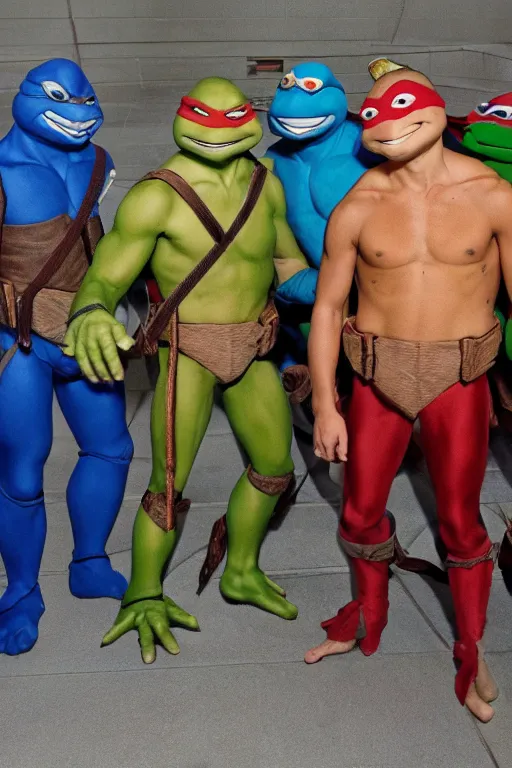 Image similar to Teenage Mutant Ninja Turtles as early 2000s boysband, realistic, photo, human-like