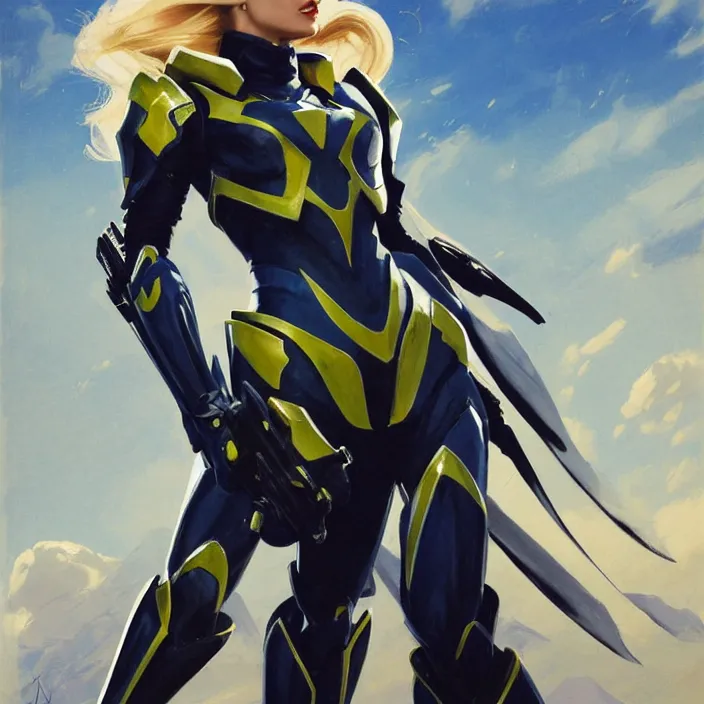 Image similar to A combination of Adriana Dxim's and Grace Kelly's and Ashley Greene's appearances with blonde hair wearing Interceptor's armor from Anthem, countryside, calm, fantasy character portrait, dynamic pose, above view, sunny day, thunder clouds in the sky, artwork by Jeremy Lipkin and Giuseppe Dangelico Pino and Michael Garmash and Rob Rey and Greg Manchess and Huang Guangjian, very coherent asymmetrical artwork, sharp edges, perfect face, simple form, 100mm