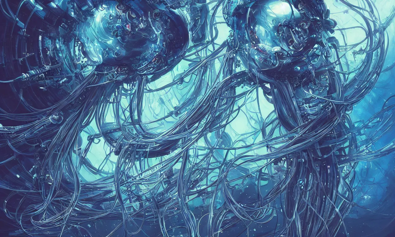 Prompt: a hyper detailed painting of a cyberpunk jellyfish, cables everywhere, blue tones, underwater, highly detailed, digital painting, artstation, concept art, smooth, sharp focus, illustration, art by artgerm and greg rutkowski and alphonse mucha