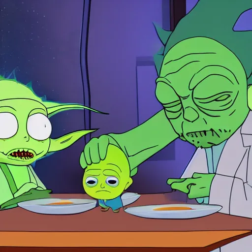 Image similar to Baby Yoda and Rick Sanchez meet in Rick and morty together digital art 4k detailed super realistic