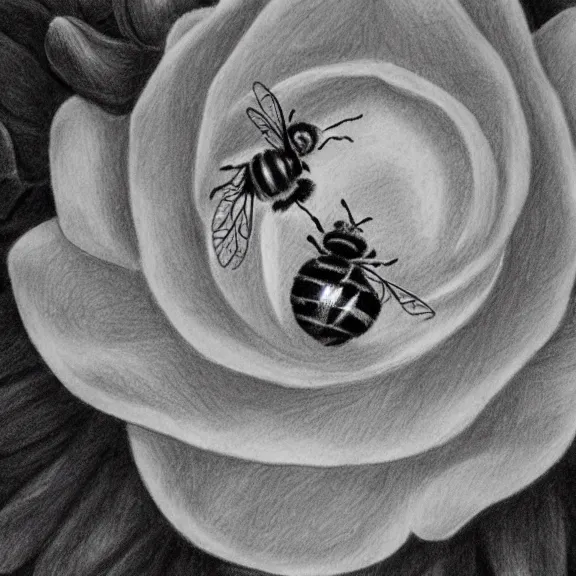 Image similar to a pencil drawing of a bee flying over a flower. by pen tacular