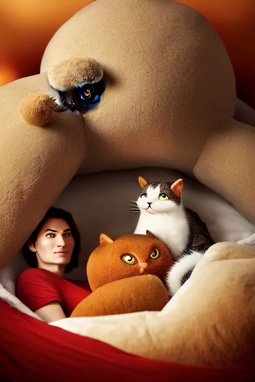 Image similar to round antropomorphic acorn plush toy and his cat friend in a giant bed adventure movie, cerebri movie poster, by nuri iyem, james gurney, james jean, greg rutkowski, anato finnstark. pixar. hyper detailed, 5 0 mm, award winning photography, perfect faces