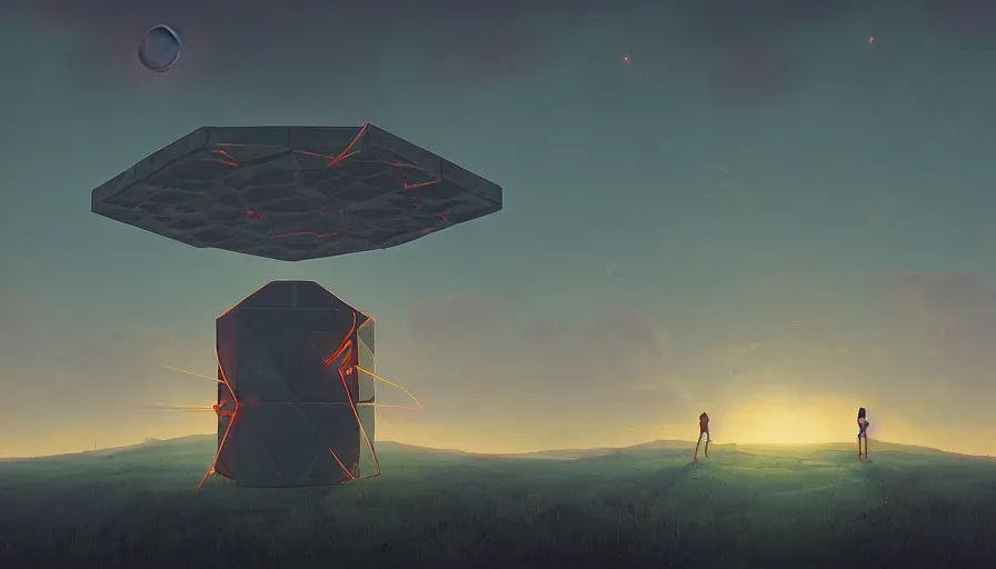 Image similar to giant hexagon in the sky in front of the sun, simon stalenhag