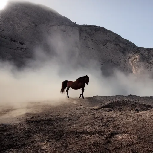 Image similar to horse jumping in heavy pyroclastic flow with dense fog and sun rays. wide angle lens. 4 k