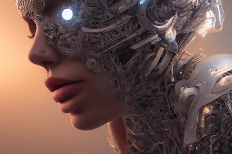 Prompt: ultra realistic, beautiful cyborg woman, eyes closed, sci-fi, fantasy, mythical, intricate, elegant, highly detailed, digital painting, octane render, substance painter, zbrush, artstation, concept art, smooth, sharp focus, eerie, illustration, 8k, HD, art by artgerm and greg rutkowski and raphael