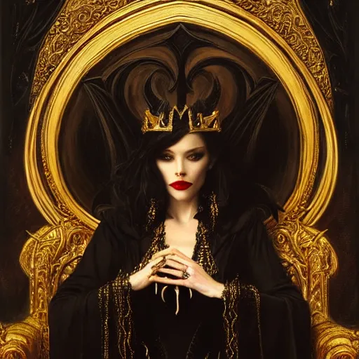 Image similar to perfectly centered portrait of attractive vampire queen in gold gothic robe sitting on a throne of black bones, highly detailed painting by gaston bussiere, craig mullins, j. c. leyendecker, 8 k, mid shot