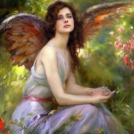 Image similar to an exquisite portrait painting of a beautiful angel with her wings spread out, in a dreamy garden by daniel gerhartz. highly detailed, back lit, beautiful painting, soft illumination, atmospheric, ethereal