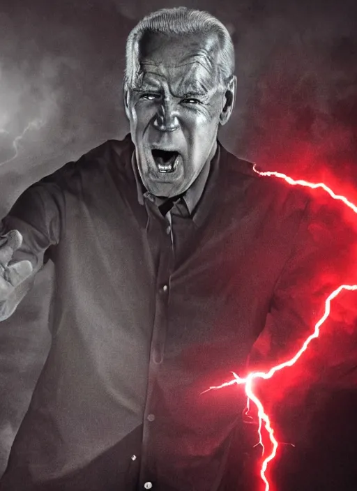 Image similar to hyper realistic photo towering angry wrathful furious glowing red eyes biden