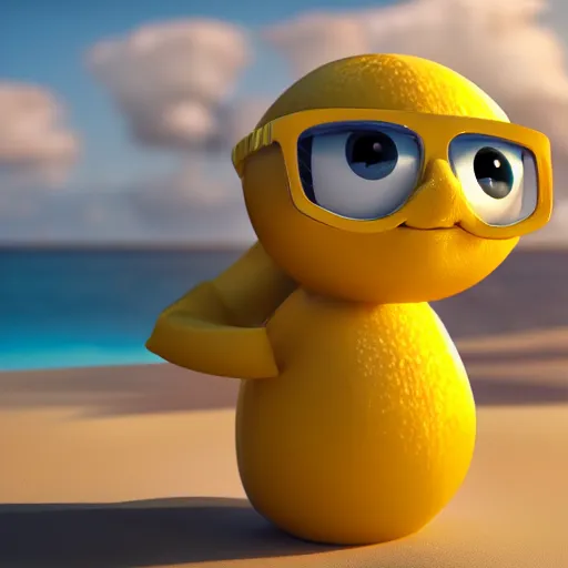 Image similar to a supercute cartoonnetwork lemon character, that is cute and good looking, it's is relaxing on a beach, dalle - 2 quality, octane render, 3 d, volumetric lightening,