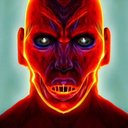 Prompt: portrait of an intimidating glowing scary giant, face and skin is multicolored, glowing eyes, glowing veins of dark red, hero, villain, concept art, creepy